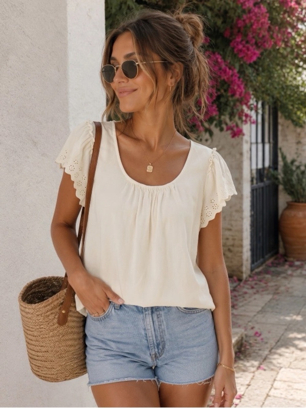 LC LAUREN CONRAD Beige Eyelet Sleeve Blouse